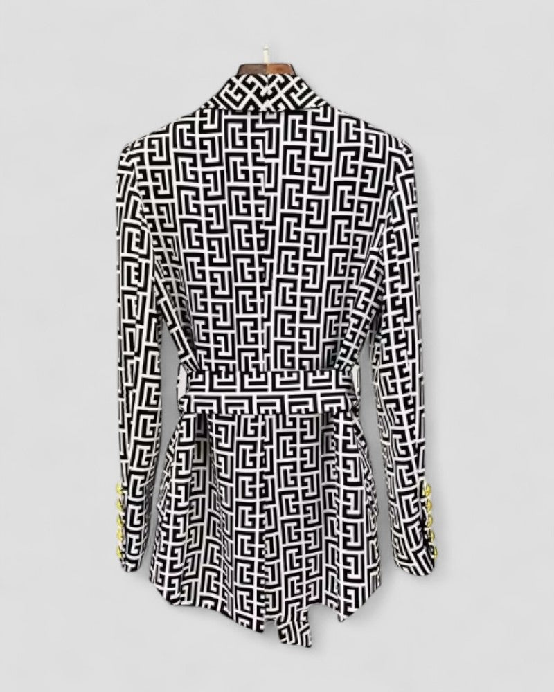 Geometric Print Belted Blazer Jacket Women’s Elegant Fit
