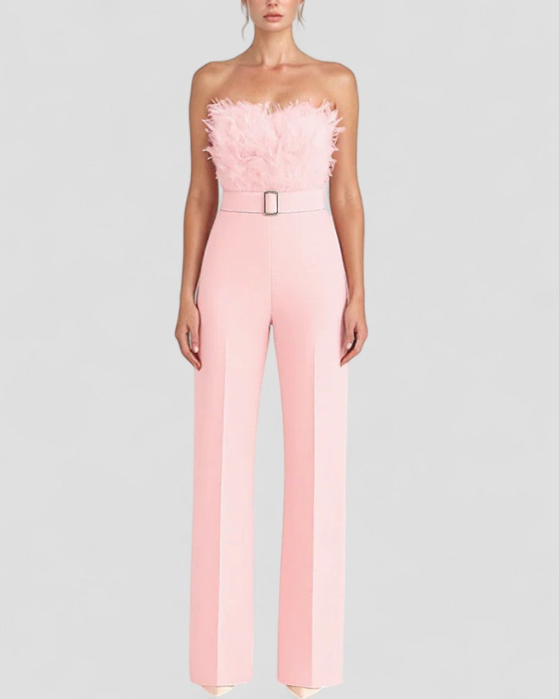 Strapless Feather Detail Evening Jumpsuit