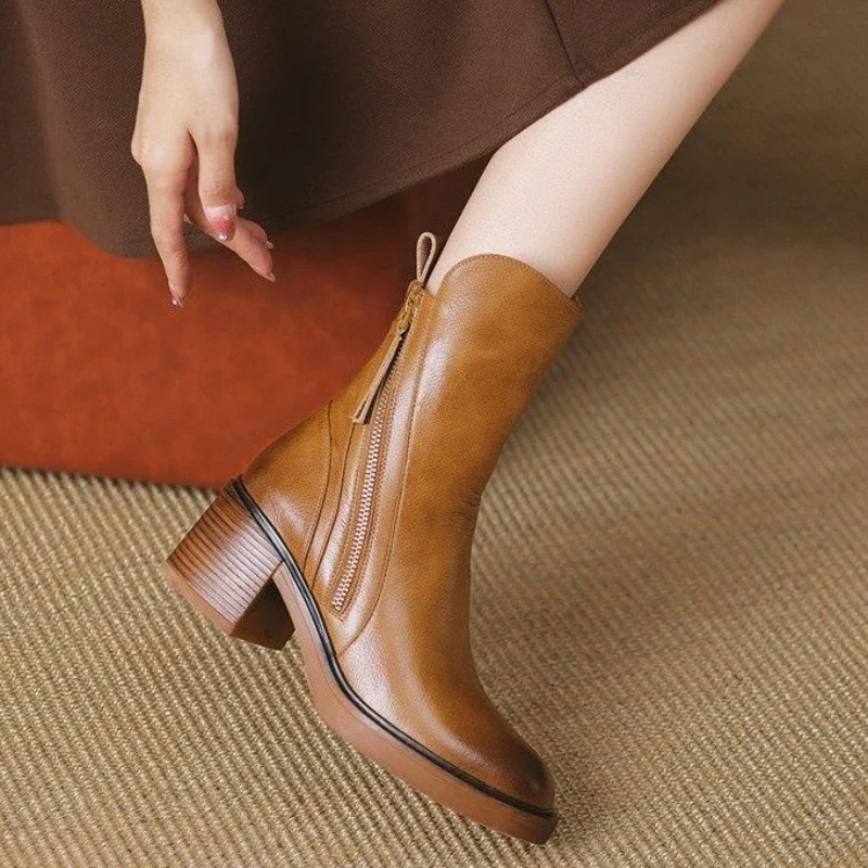 Women’s Leather Chunky Heel Ankle Boots