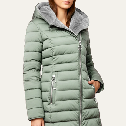 Women’s Mid Length Quilted Puffer Coat with Faux Fur Hood