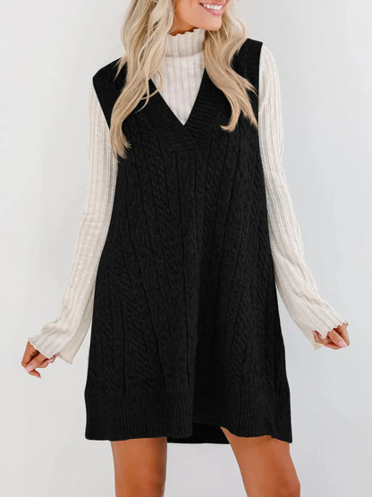 Comfy Cable Knit V-Neck Sweater Dress