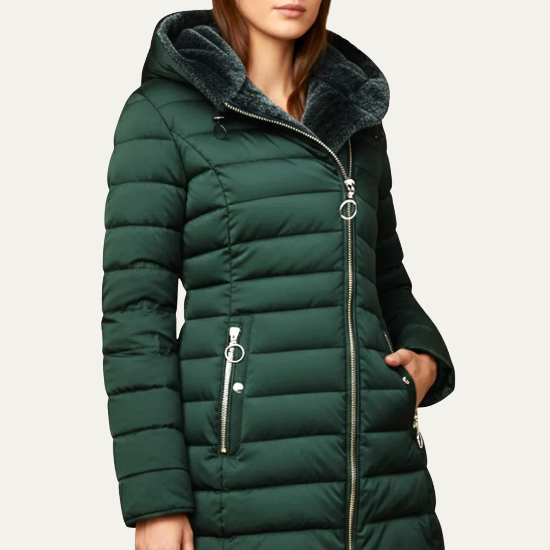 Women’s Mid Length Quilted Puffer Coat with Faux Fur Hood