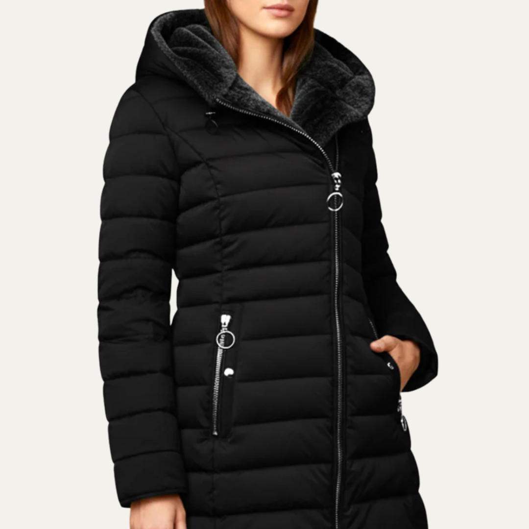 Women’s Mid Length Quilted Puffer Coat with Faux Fur Hood