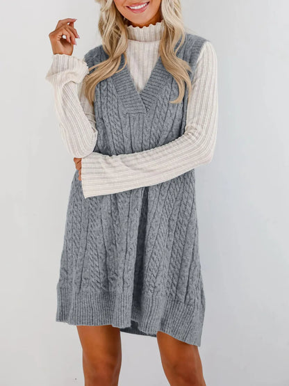 Comfy Cable Knit V-Neck Sweater Dress