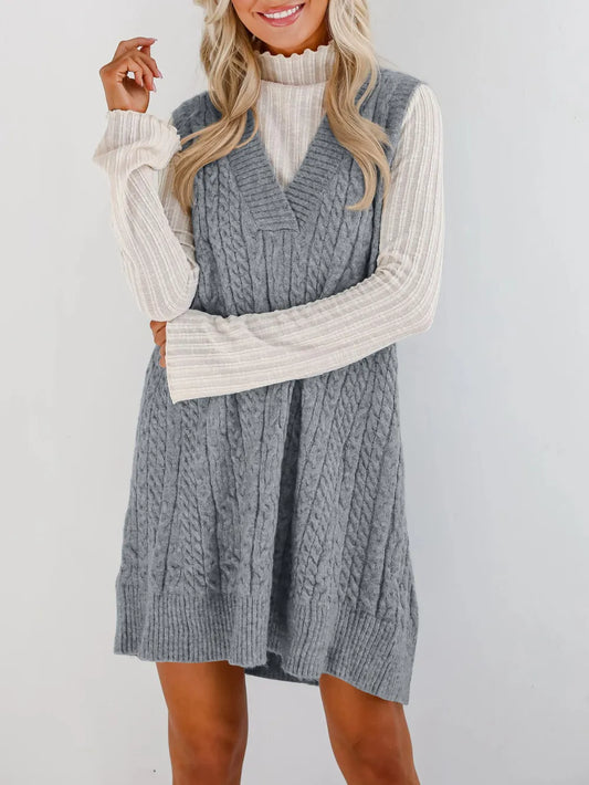 Comfy Cable Knit V-Neck Sweater Dress