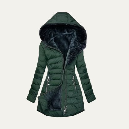 Women’s Mid Length Quilted Puffer Coat with Faux Fur Hood
