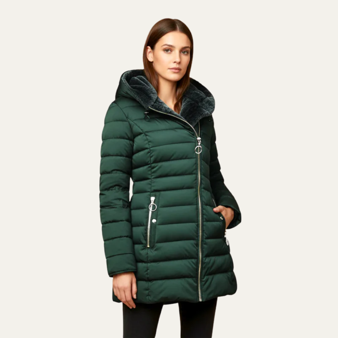 Women’s Mid Length Quilted Puffer Coat with Faux Fur Hood