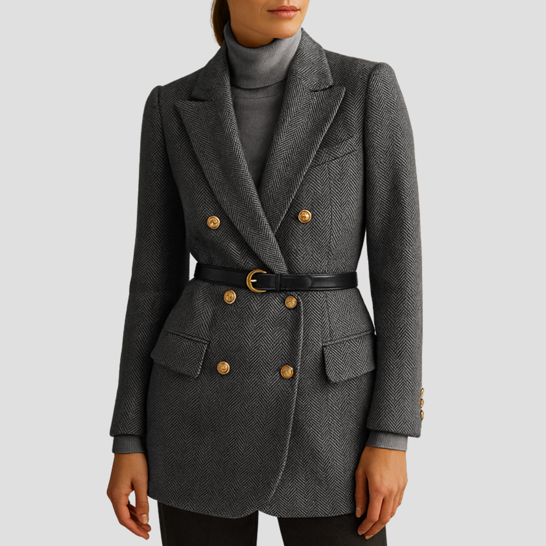 Women’s Double Breasted Herringbone Blazer with Belt