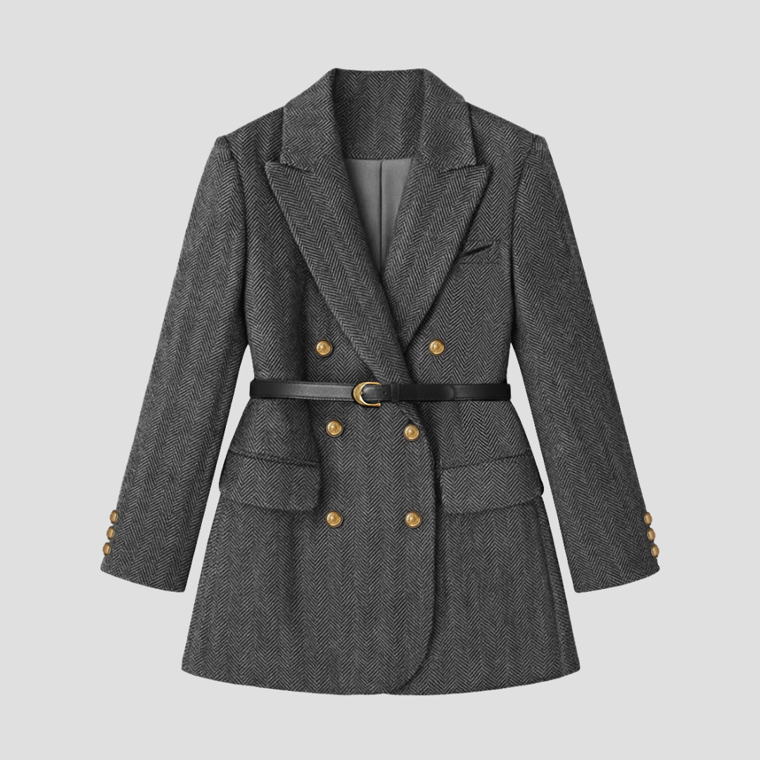Women’s Double Breasted Herringbone Blazer with Belt