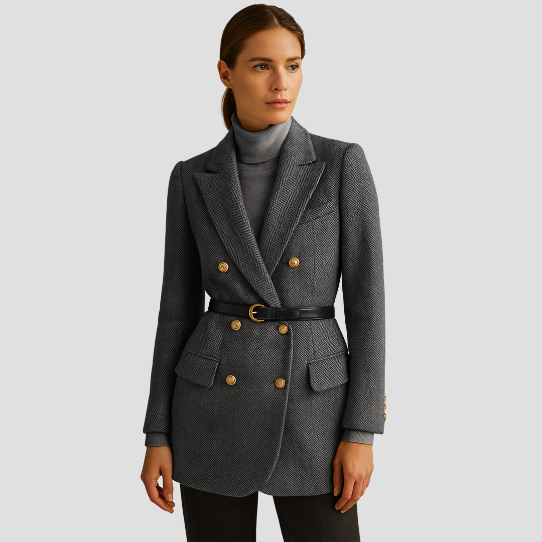 Women’s Double Breasted Herringbone Blazer with Belt