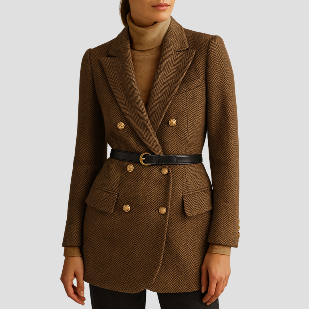 Women’s Double Breasted Herringbone Blazer with Belt