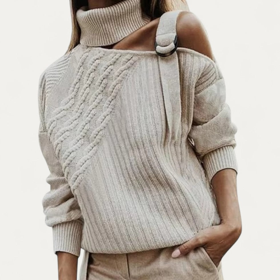 Women’s Asymmetric Cutout Cable Knit Turtleneck