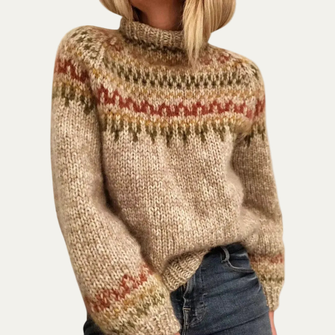 Women’s Chunky Knit Fair Isle High Neck Pullover Sweater