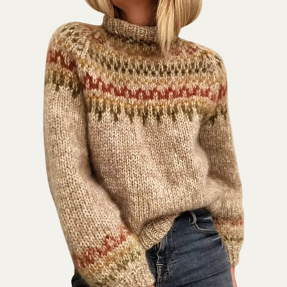 Women’s Chunky Knit Fair Isle High Neck Pullover Sweater