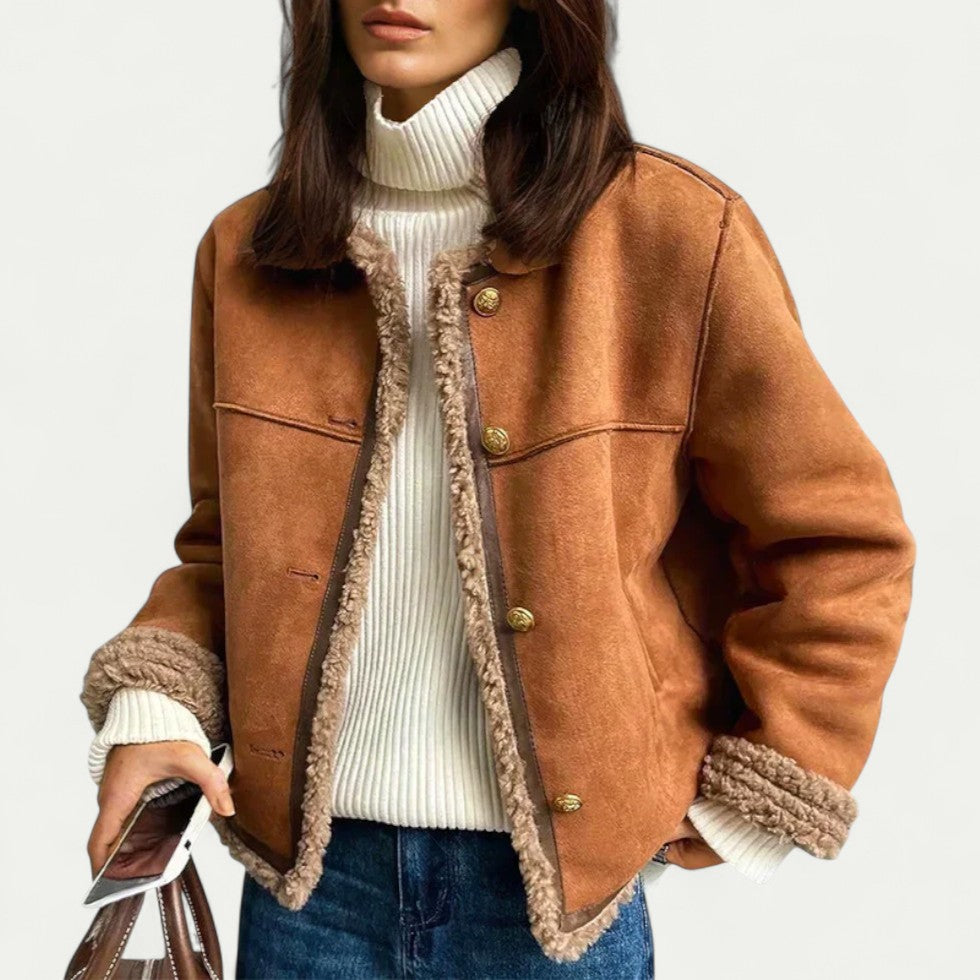 Women’s Faux Fur Trim Cropped Shearling Jacket