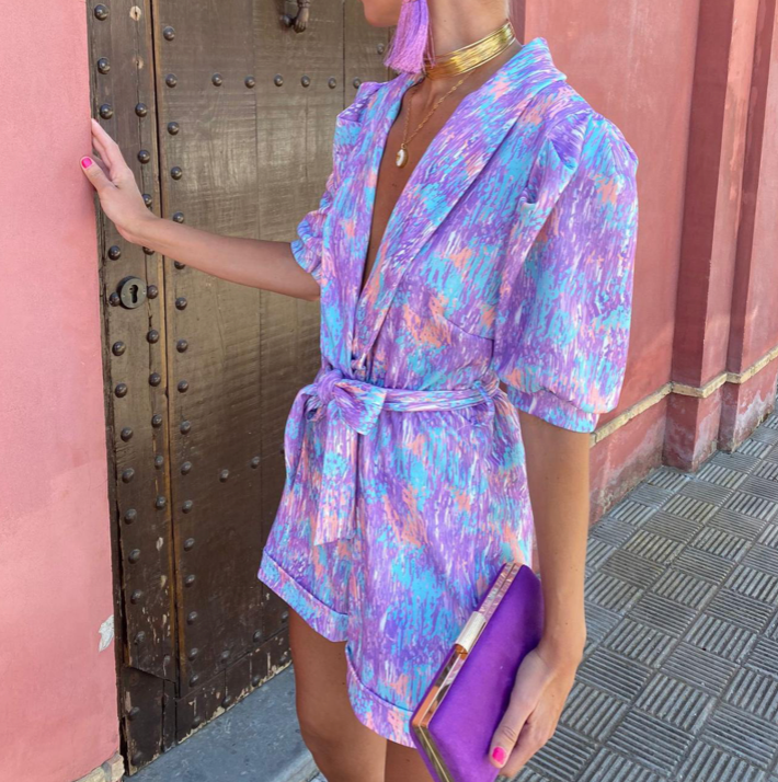 Short Sleeve Women's Jumpsuit Belted Romper