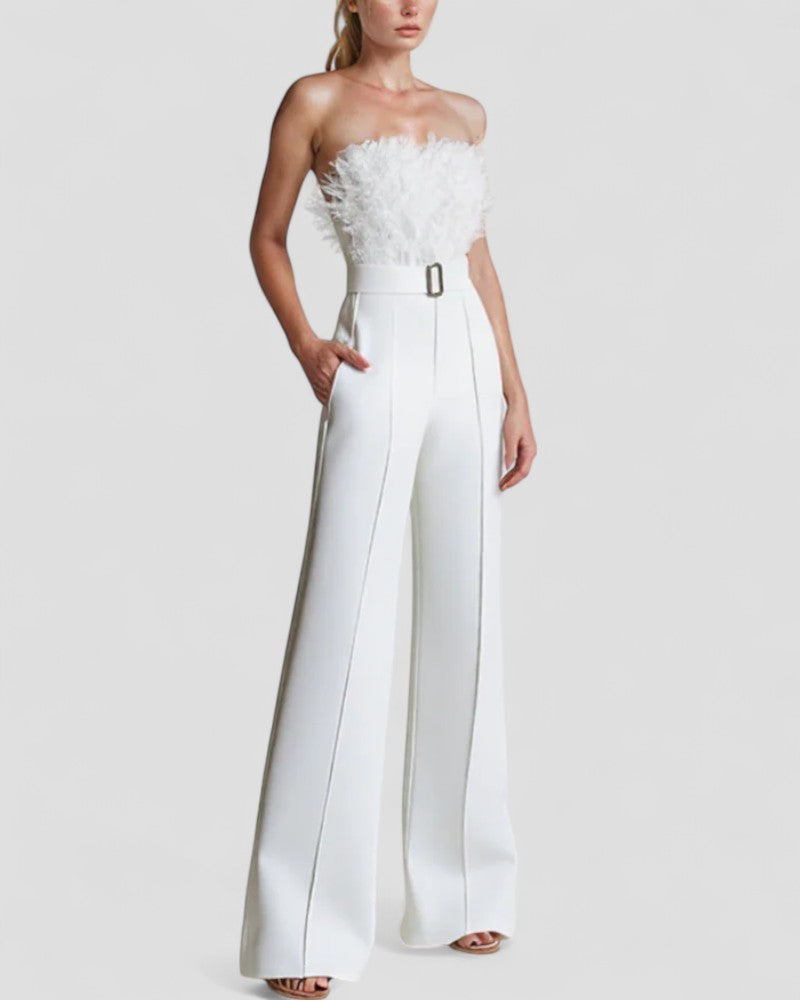 Strapless Feather Detail Evening Jumpsuit