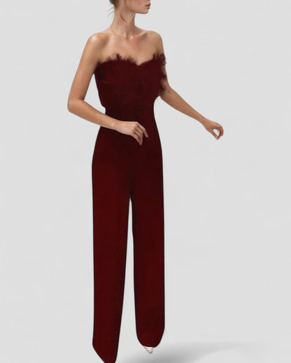 Strapless Feather Detail Evening Jumpsuit
