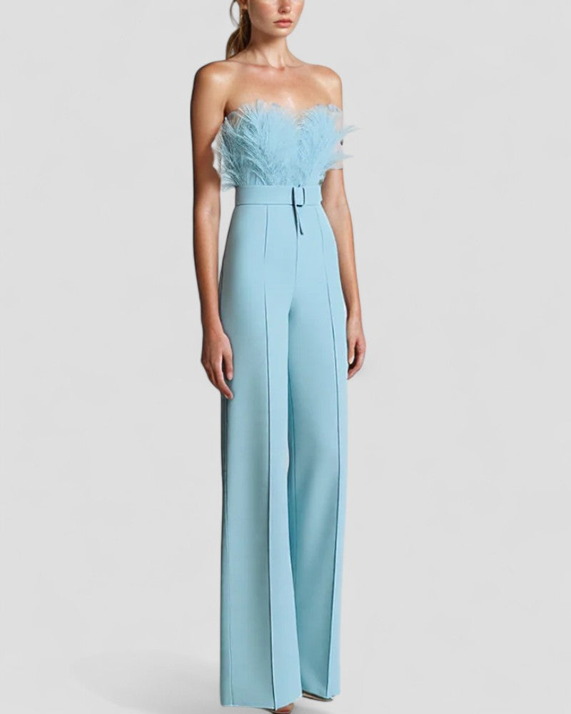 Strapless Feather Detail Evening Jumpsuit