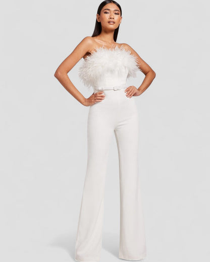 Strapless Feather Trim Wide Leg Velvet Jumpsuit for Women