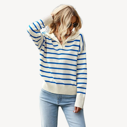Women’s Striped V-Neck Polo Knit Sweater