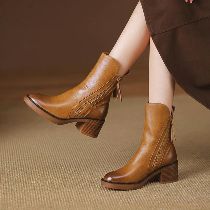 Women’s Leather Chunky Heel Ankle Boots