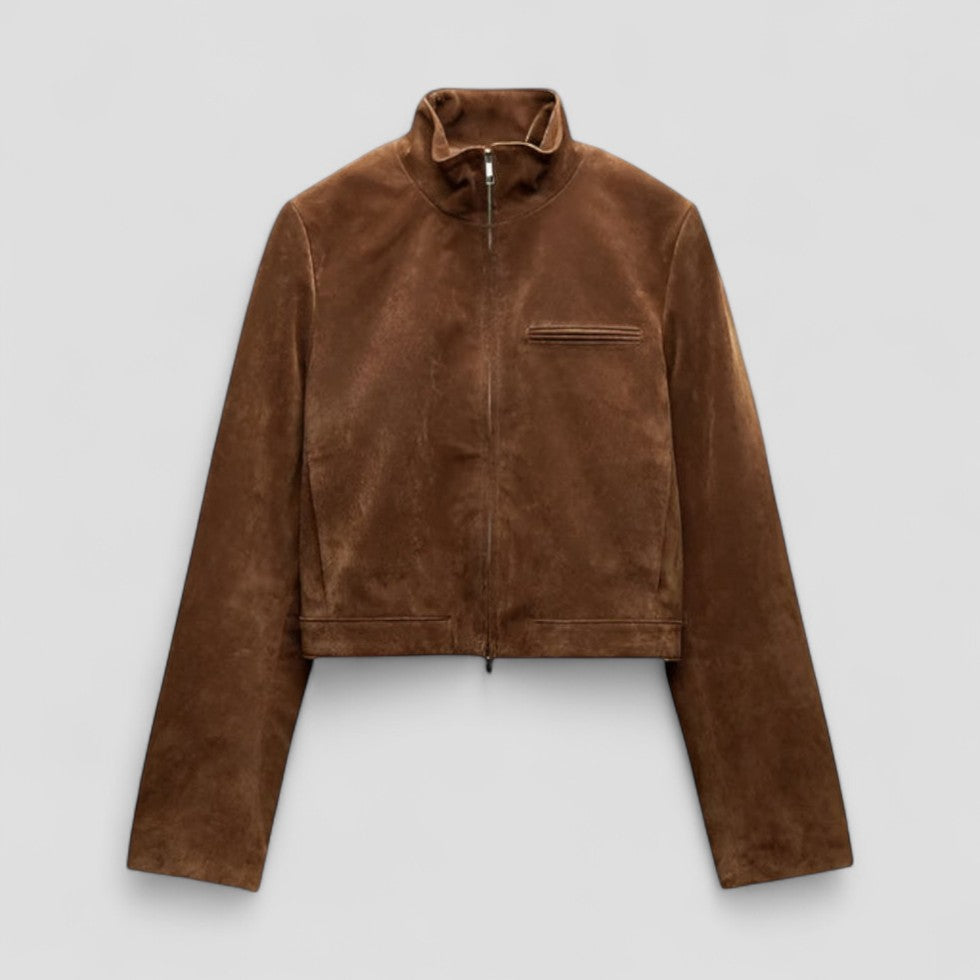 Women’s Cropped Suede Jacket with Mock Neck