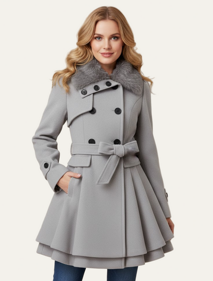 Women’s Flared Double-Breasted Coat with Faux Fur Collar