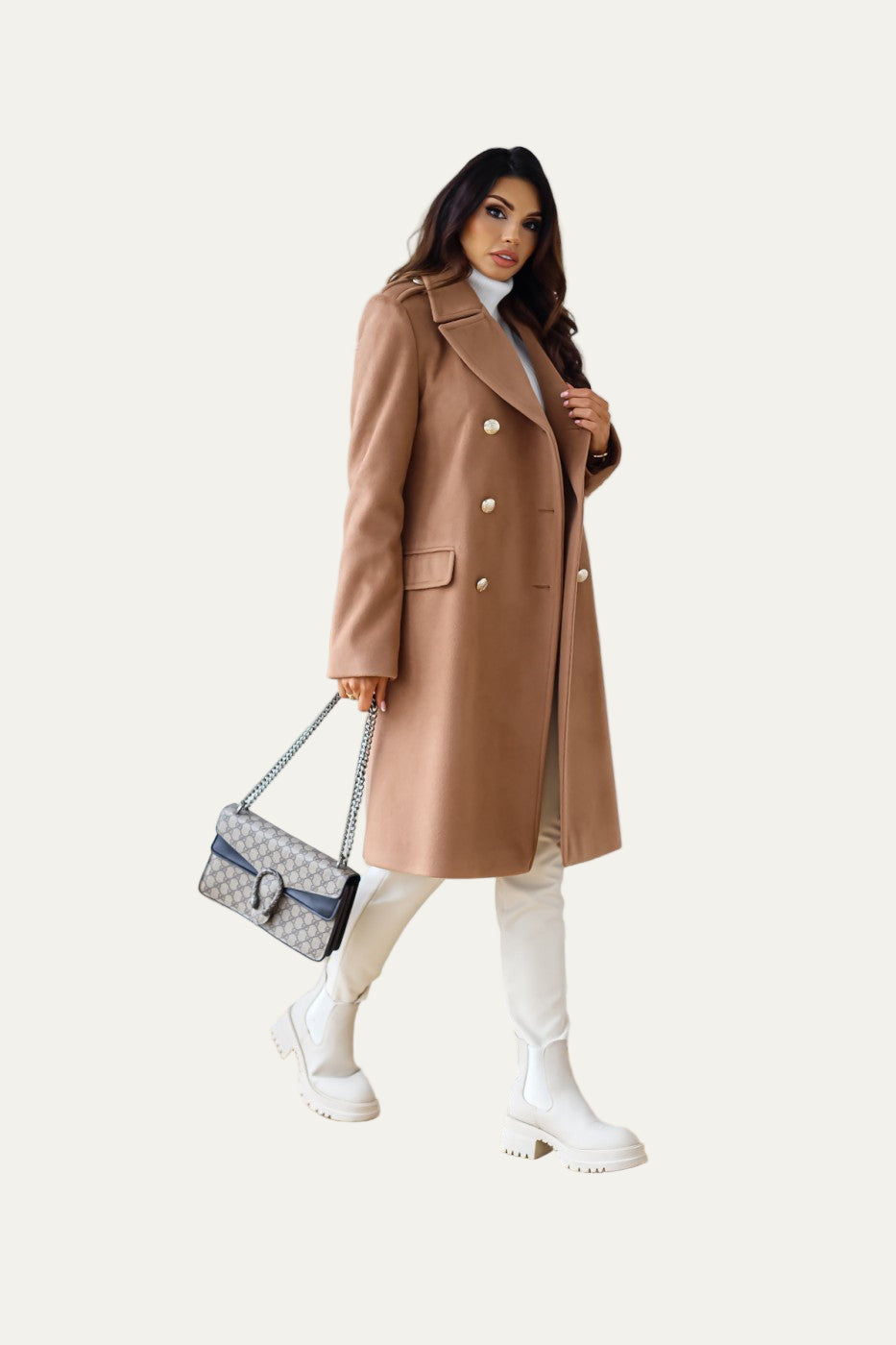 Women’s Gold-Button Long Double-Breasted Coat