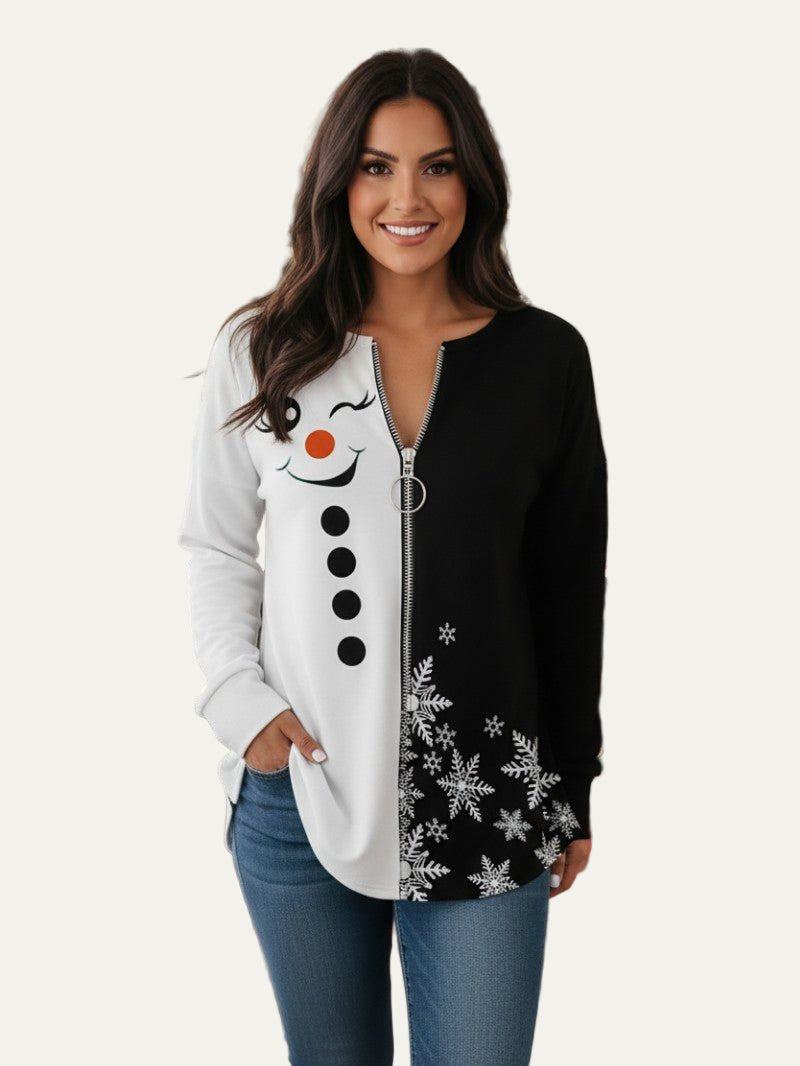 Women’s Snowman Split Design Half-Zip Holiday Tunic