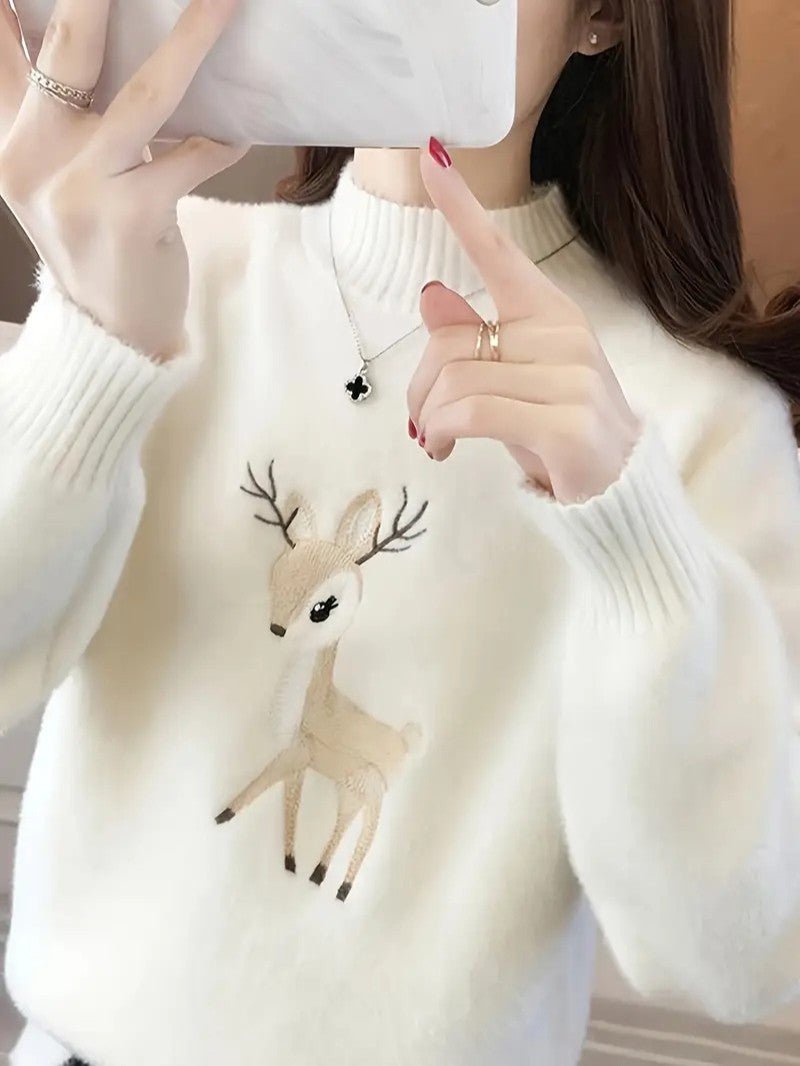 Women’s Fuzzy Deer Embroidered Mock Turtleneck