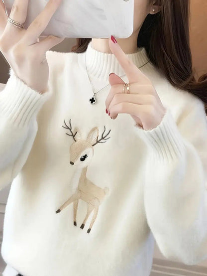 Women’s Fuzzy Deer Embroidered Mock Turtleneck