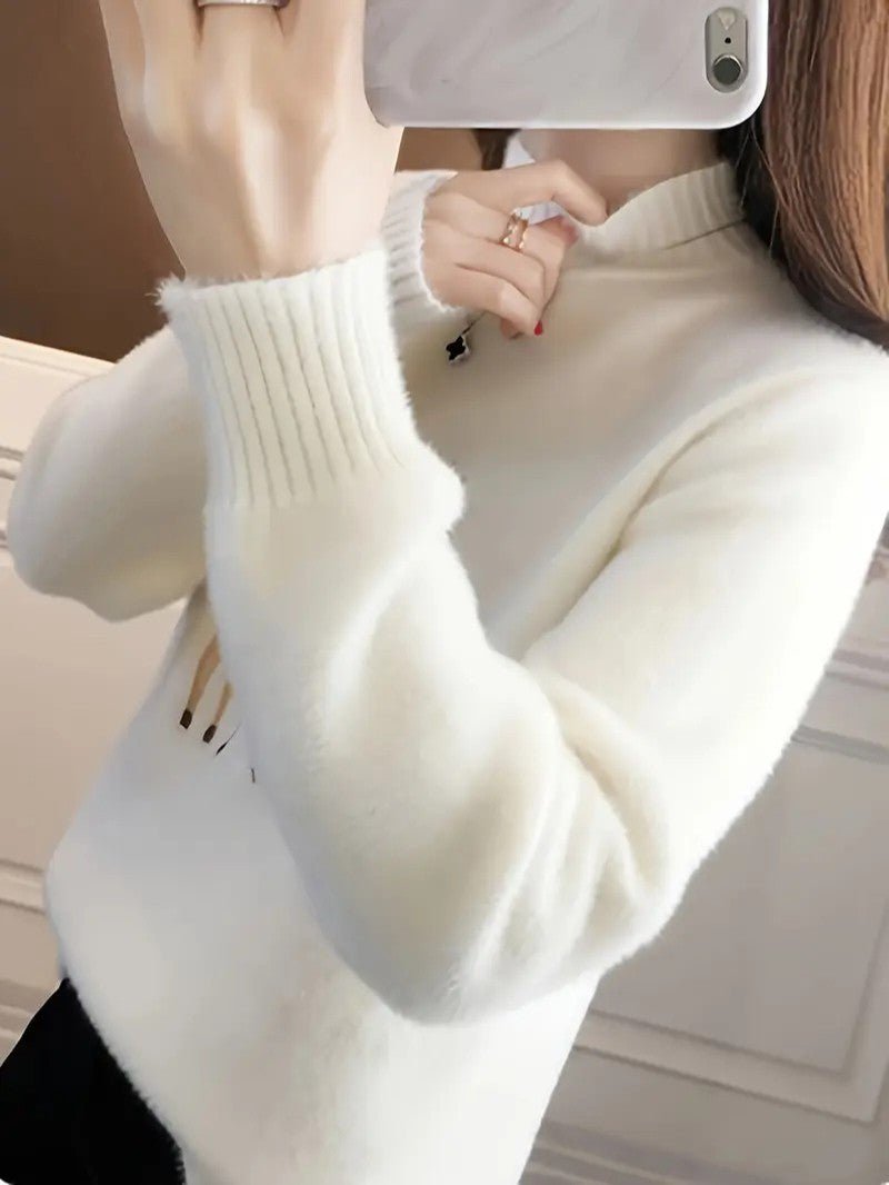 Women’s Fuzzy Deer Embroidered Mock Turtleneck