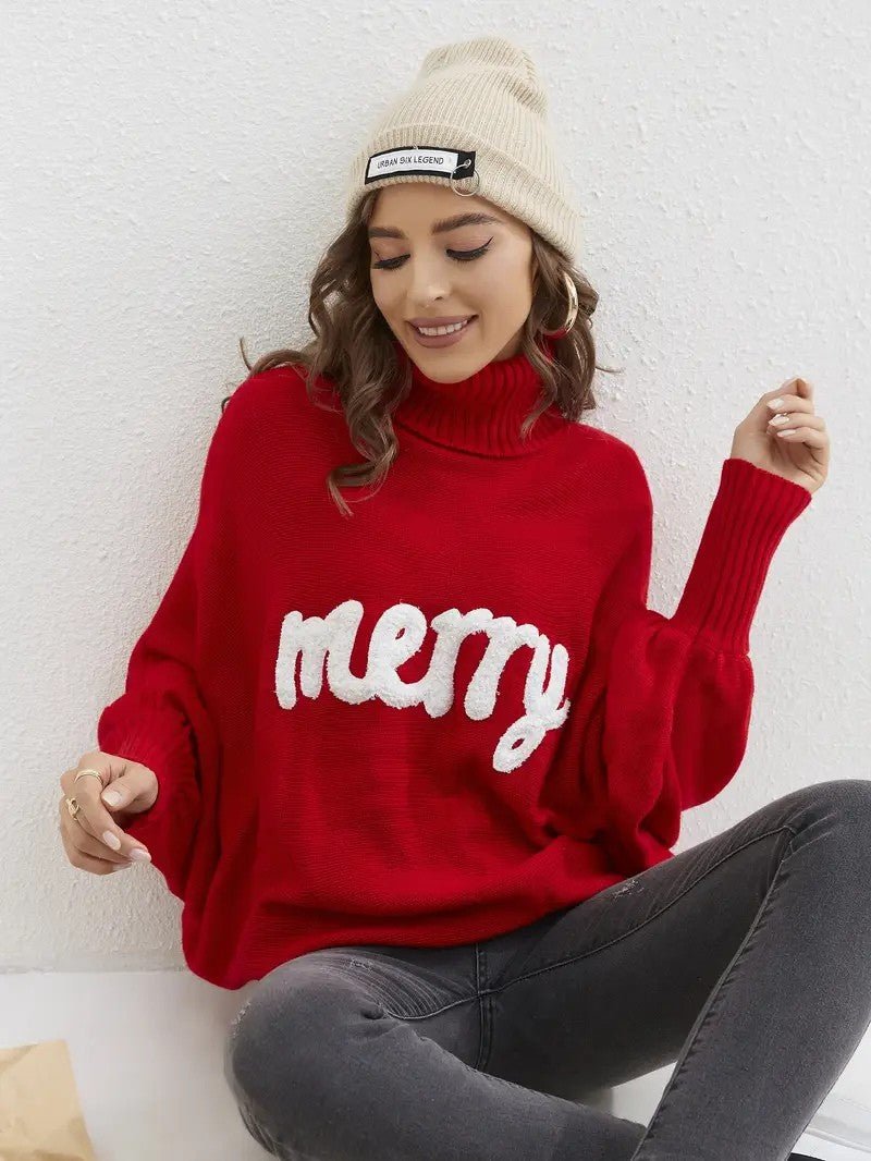 Women’s Merry Lettered Turtleneck Balloon Sleeve Sweater