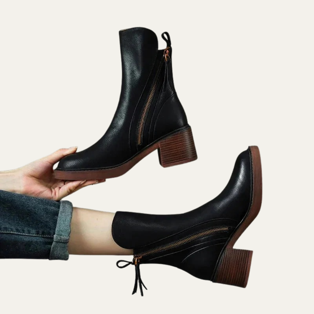 Women’s Smooth Leather Chunky Heel Boots